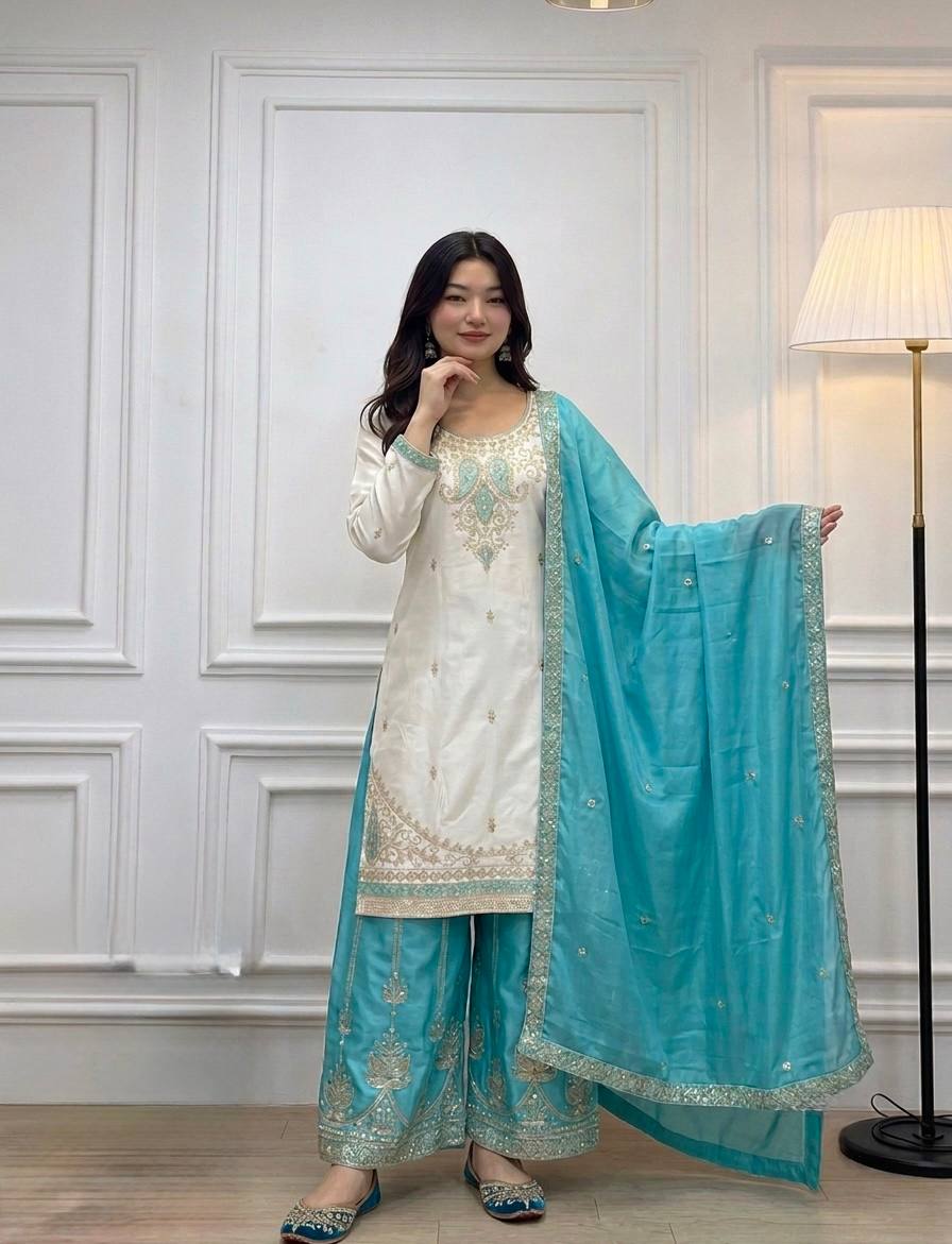Off White Faux Georgette Embroidered Straight Kurta with Palazzo & Dupatta Set