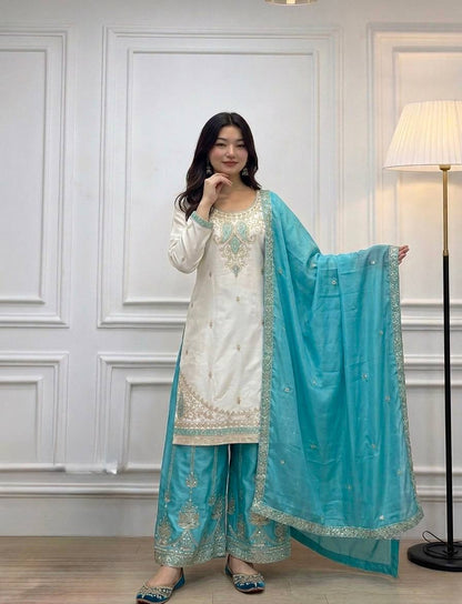 Off White Faux Georgette Embroidered Straight Kurta with Palazzo & Dupatta Set