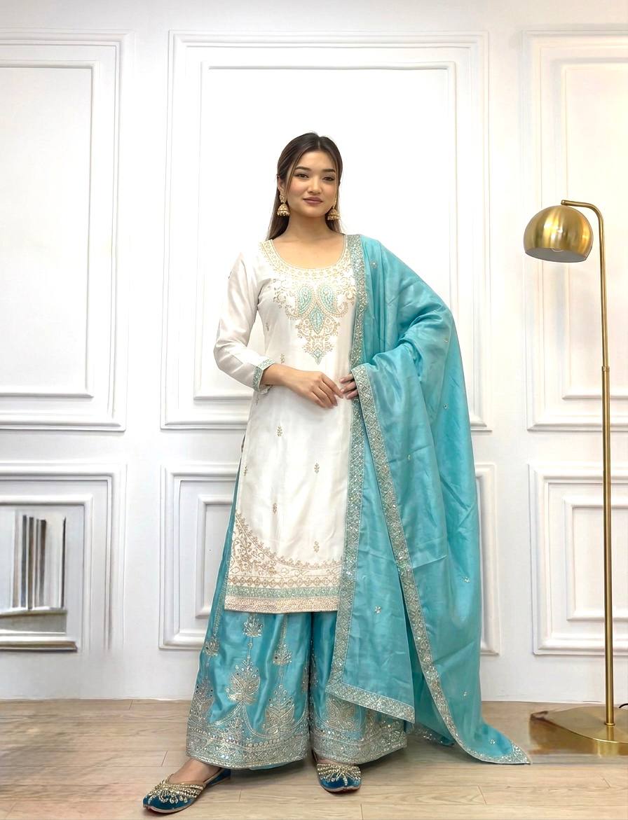 Off White Faux Georgette Embroidered Straight Kurta with Palazzo & Dupatta Set