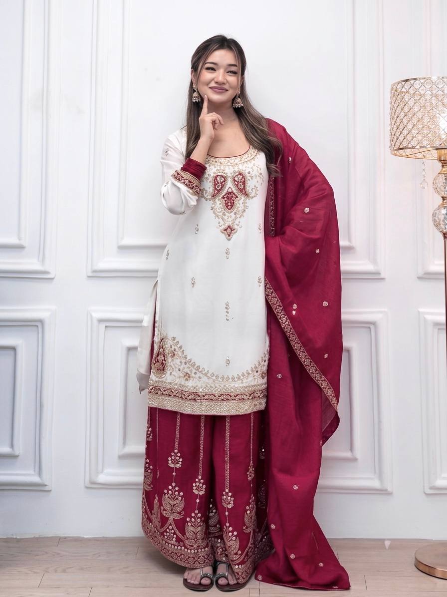 Off White Faux Georgette Embroidered Straight Kurta with Palazzo & Dupatta Set