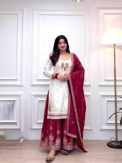 Off White Faux Georgette Embroidered Straight Kurta with Palazzo & Dupatta Set