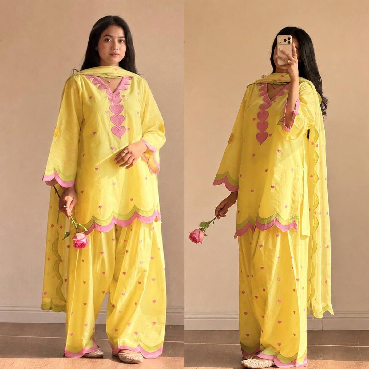 Ivory Pink Heart Embroidery thread Work Farshi Salwar Suit Set