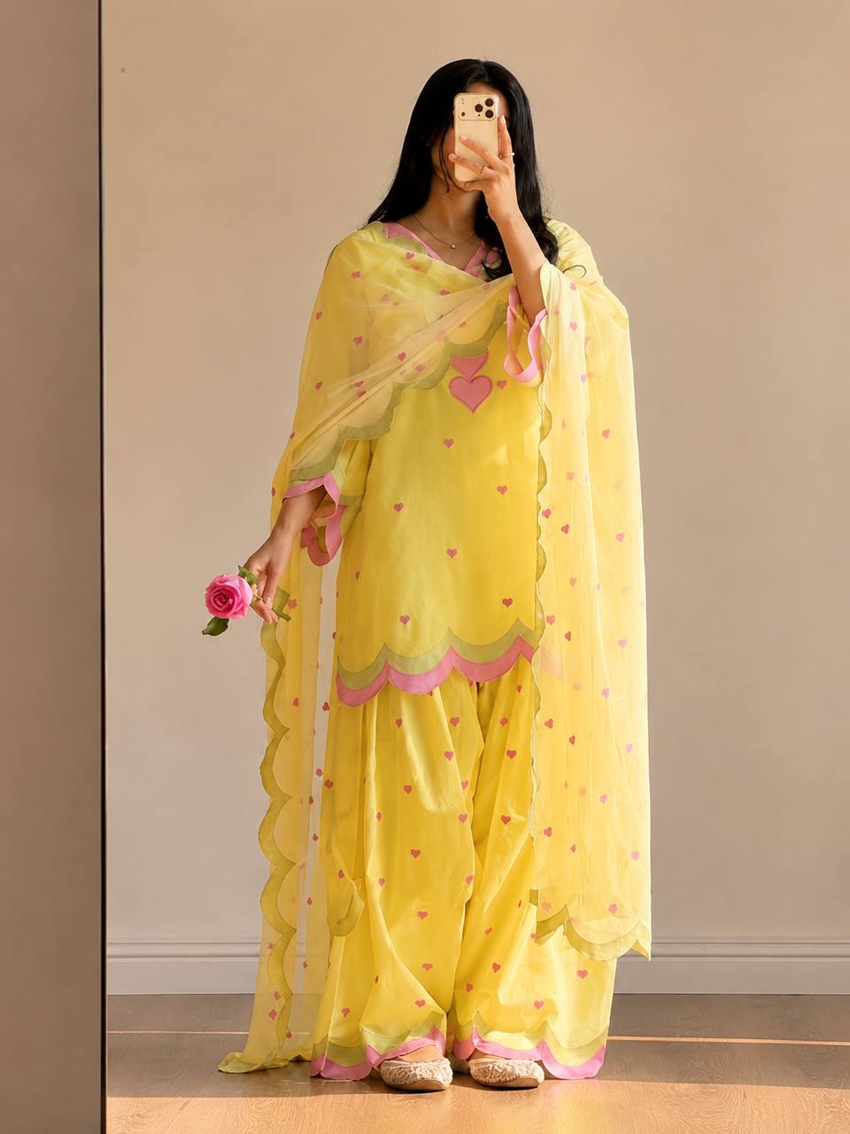 Ivory Pink Heart Embroidery thread Work Farshi Salwar Suit Set