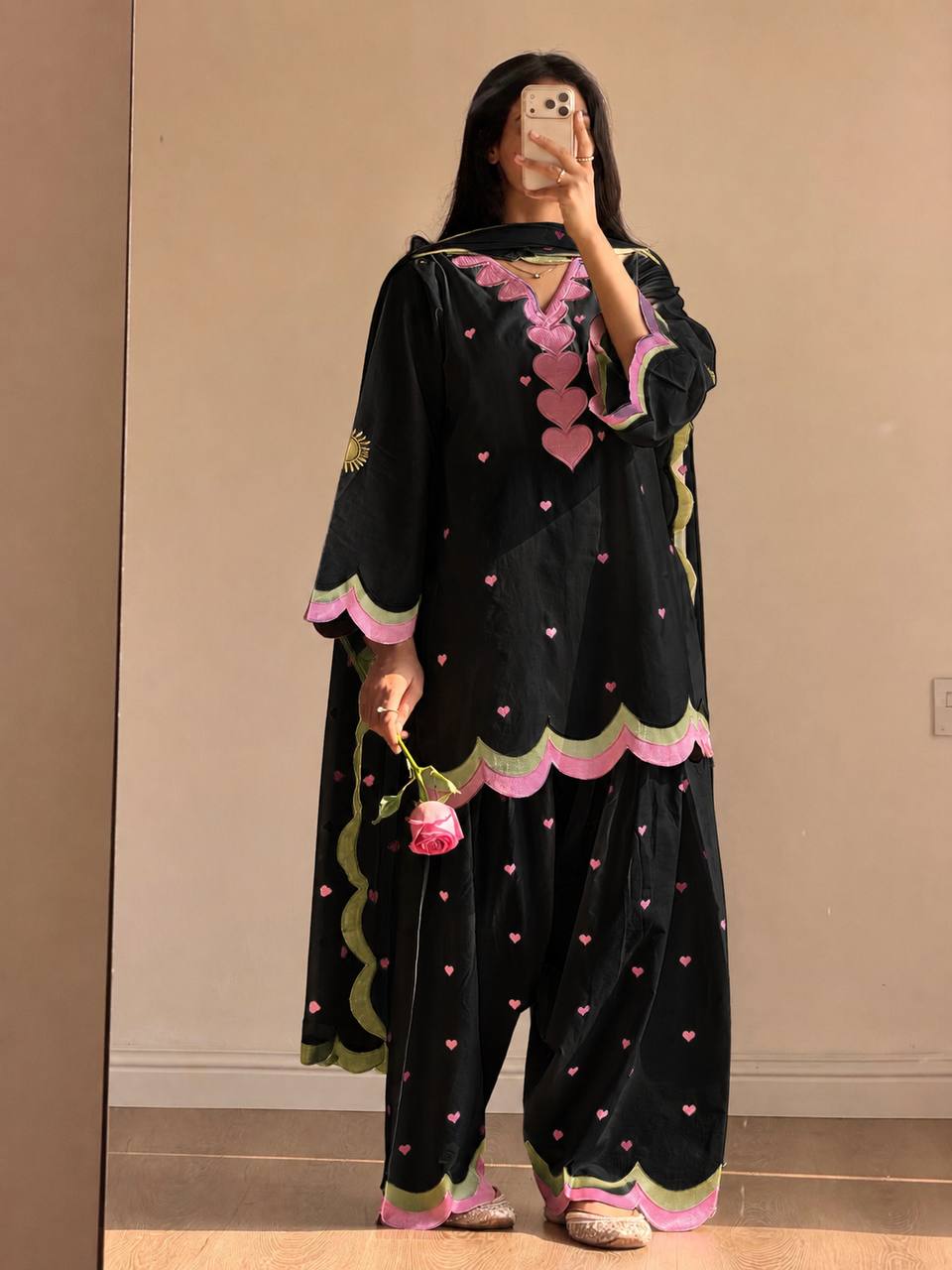 Black Heart Embroidered Thread Work Cotton Farshi Salwar Suit Set