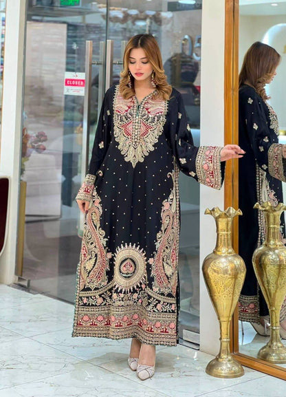 Black Premium Silk Heavy Embroidered Straight Kurta
