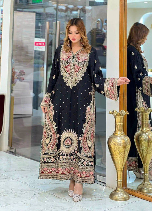 Black Premium Silk Heavy Embroidered Straight Kurta