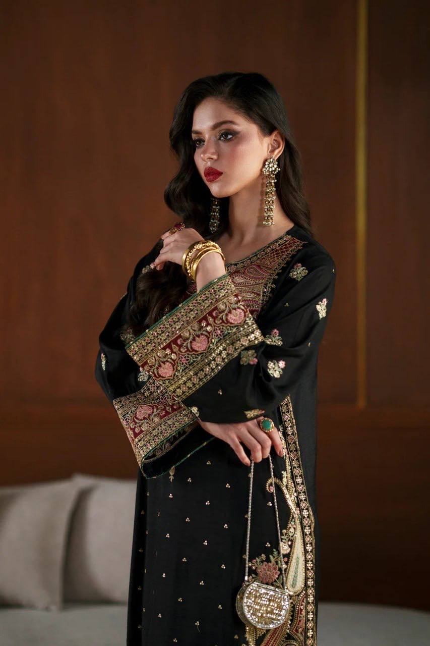 Black Premium Silk Heavy Embroidered Straight Kurta