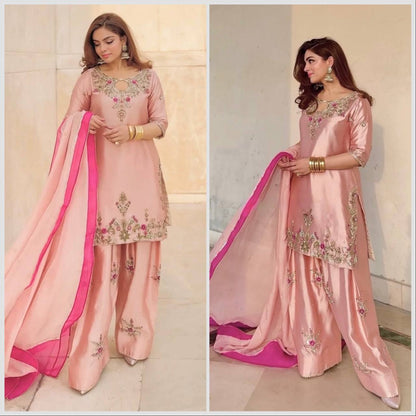 Peach Pink Embroidered Silk Straight Kurta with Palazzo
