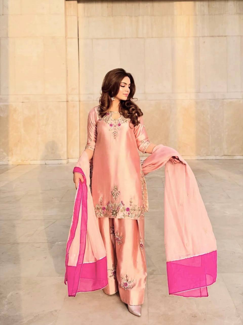 Peach Pink Embroidered Silk Straight Kurta with Palazzo