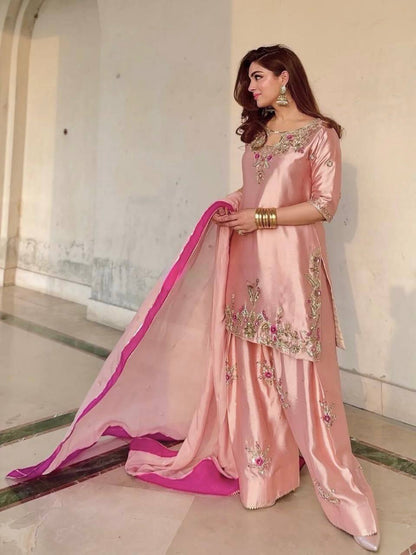 Peach Pink Embroidered Silk Straight Kurta with Palazzo