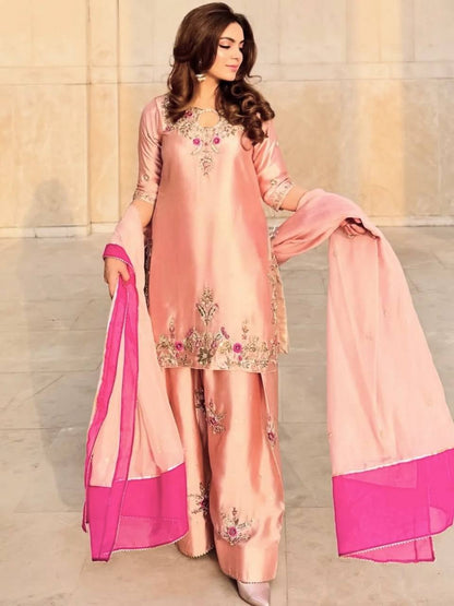 Peach Pink Embroidered Silk Straight Kurta with Palazzo