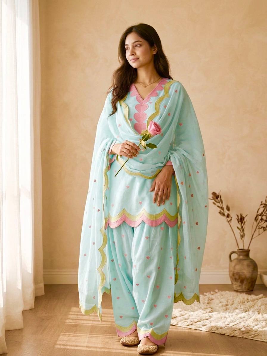 Pastel Mint Blue & Green Embroidery thread Work Farshi Salwar Suit Set