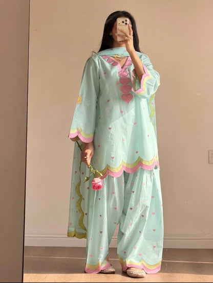Pastel Mint Blue & Green Embroidery thread Work Farshi Salwar Suit Set