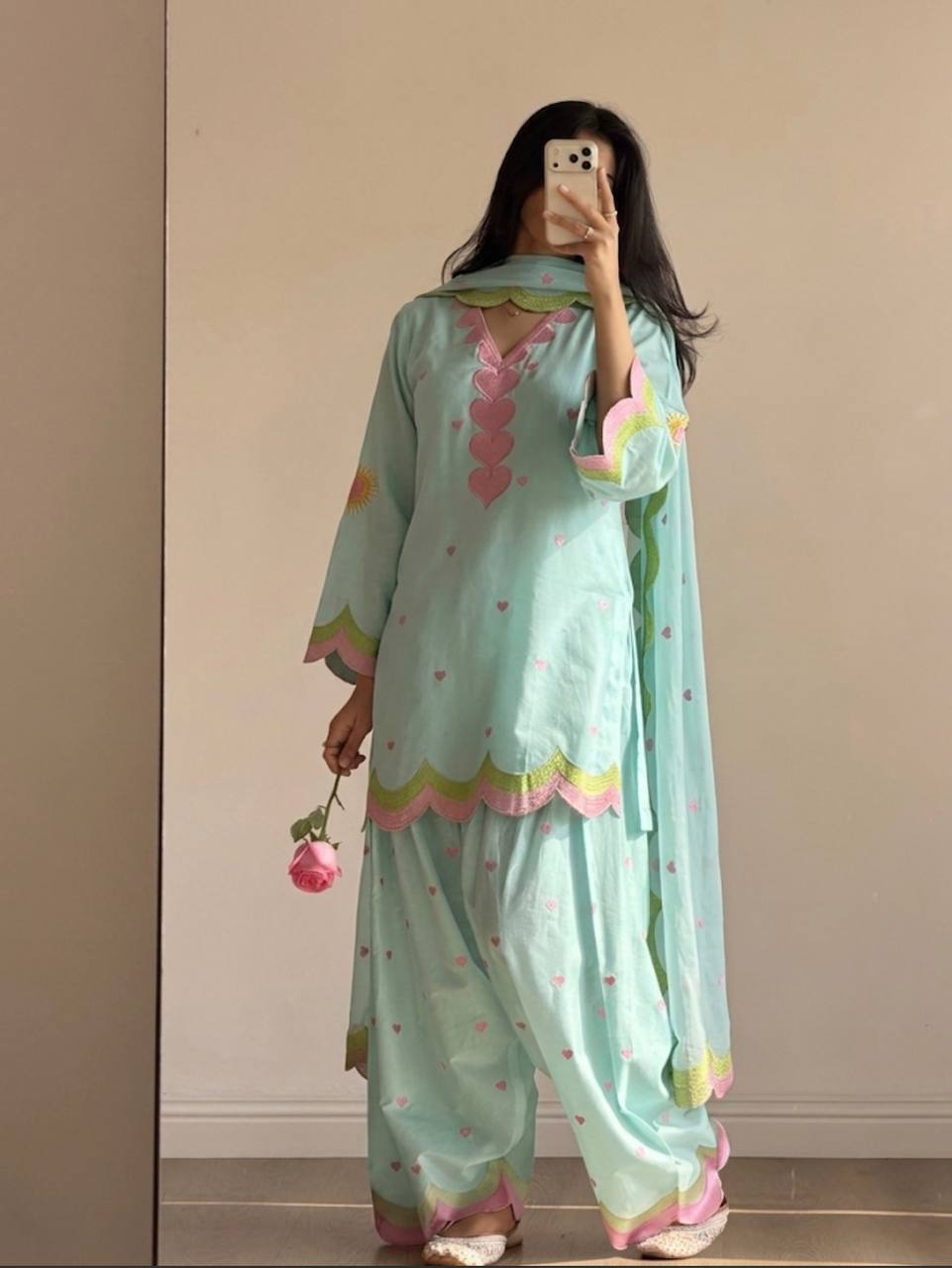 Pastel Mint Blue & Green Embroidery thread Work Farshi Salwar Suit Set
