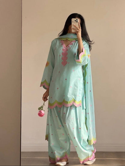 Pastel Mint Blue & Green Embroidery thread Work Farshi Salwar Suit Set