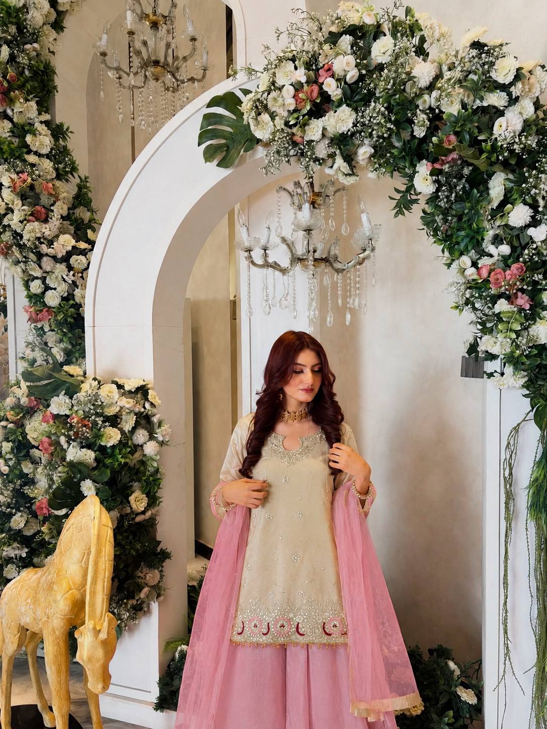 Beige & Pink Embroidered  Suit
