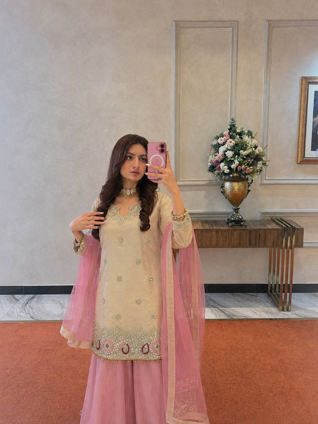 Beige & Pink Embroidered  Suit