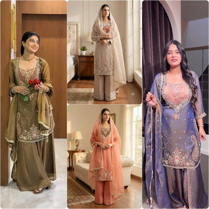 Olive Green Embroidered Nc Moss Straight Kurta Palazzo & Dupatta Set