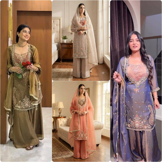 Olive Green Embroidered Nc Moss Straight Kurta Palazzo & Dupatta Set