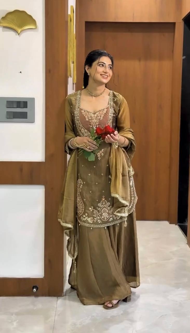 Olive Green Embroidered Nc Moss Straight Kurta Palazzo & Dupatta Set