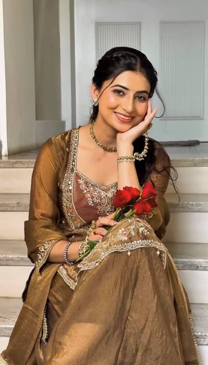 Olive Green Embroidered Nc Moss Straight Kurta Palazzo & Dupatta Set