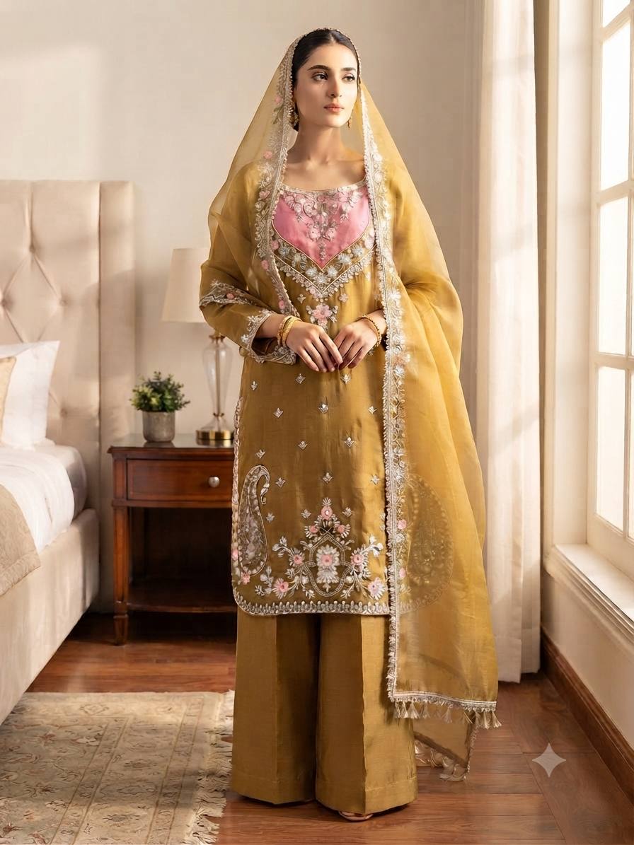 Olive Green Embroidered Nc Moss Straight Kurta Palazzo & Dupatta Set