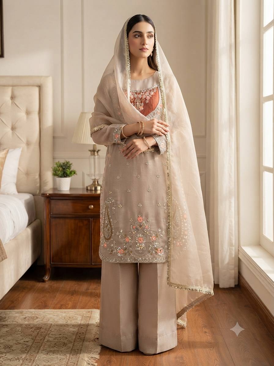 Olive Green Embroidered Nc Moss Straight Kurta Palazzo & Dupatta Set