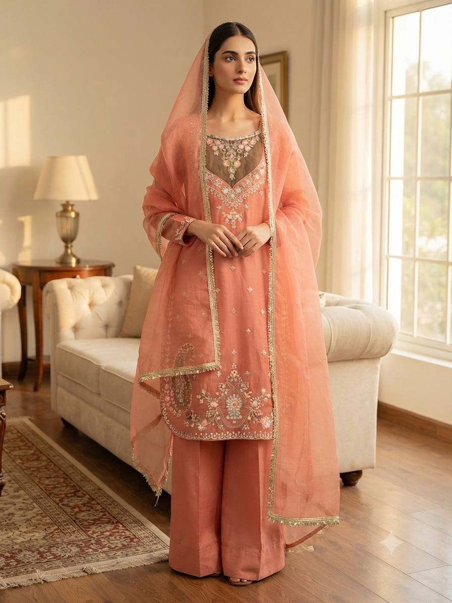 Olive Green Embroidered Nc Moss Straight Kurta Palazzo & Dupatta Set