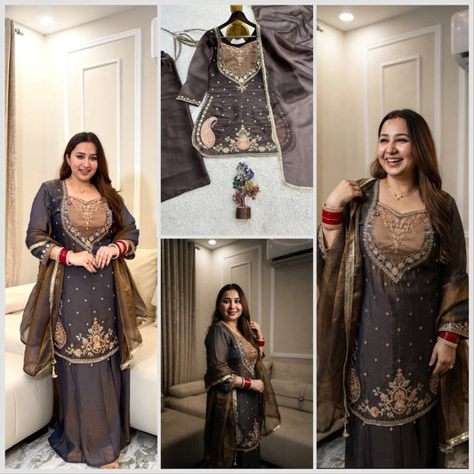 Chocolate Brown Floral Embroidered Moss Silk Suit Set