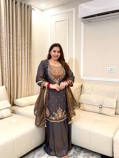 Chocolate Brown Floral Embroidered Moss Silk Suit Set