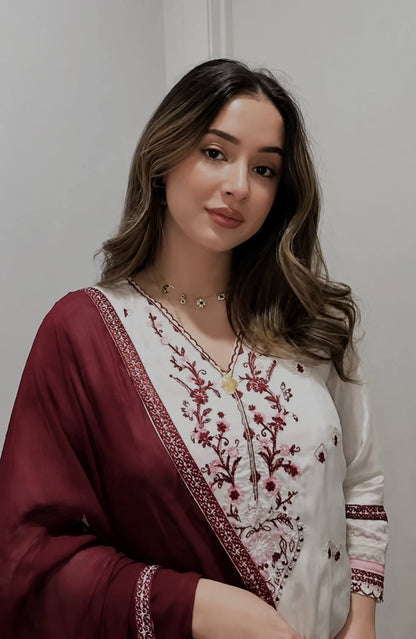 Off White Embroidered  Straight Kurta with Palazzo & Dupatta Set