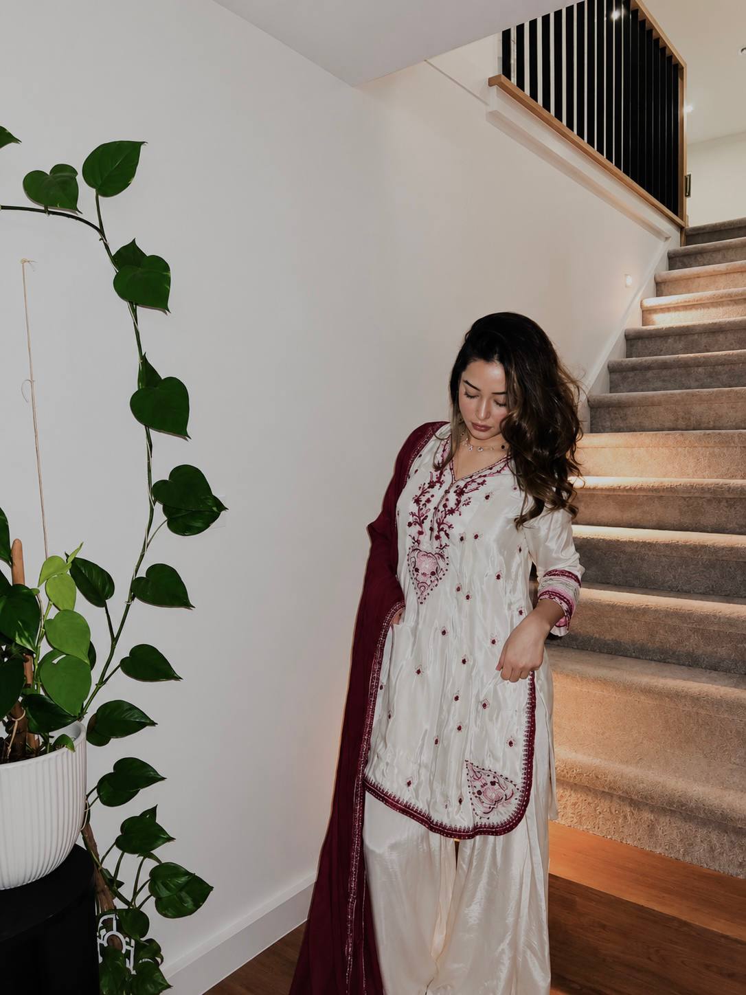 Off White Embroidered  Straight Kurta with Palazzo & Dupatta Set
