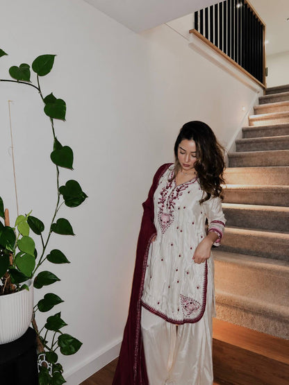 Off White Embroidered  Straight Kurta with Palazzo & Dupatta Set