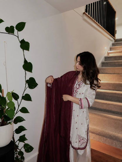 Off White Embroidered  Straight Kurta with Palazzo & Dupatta Set