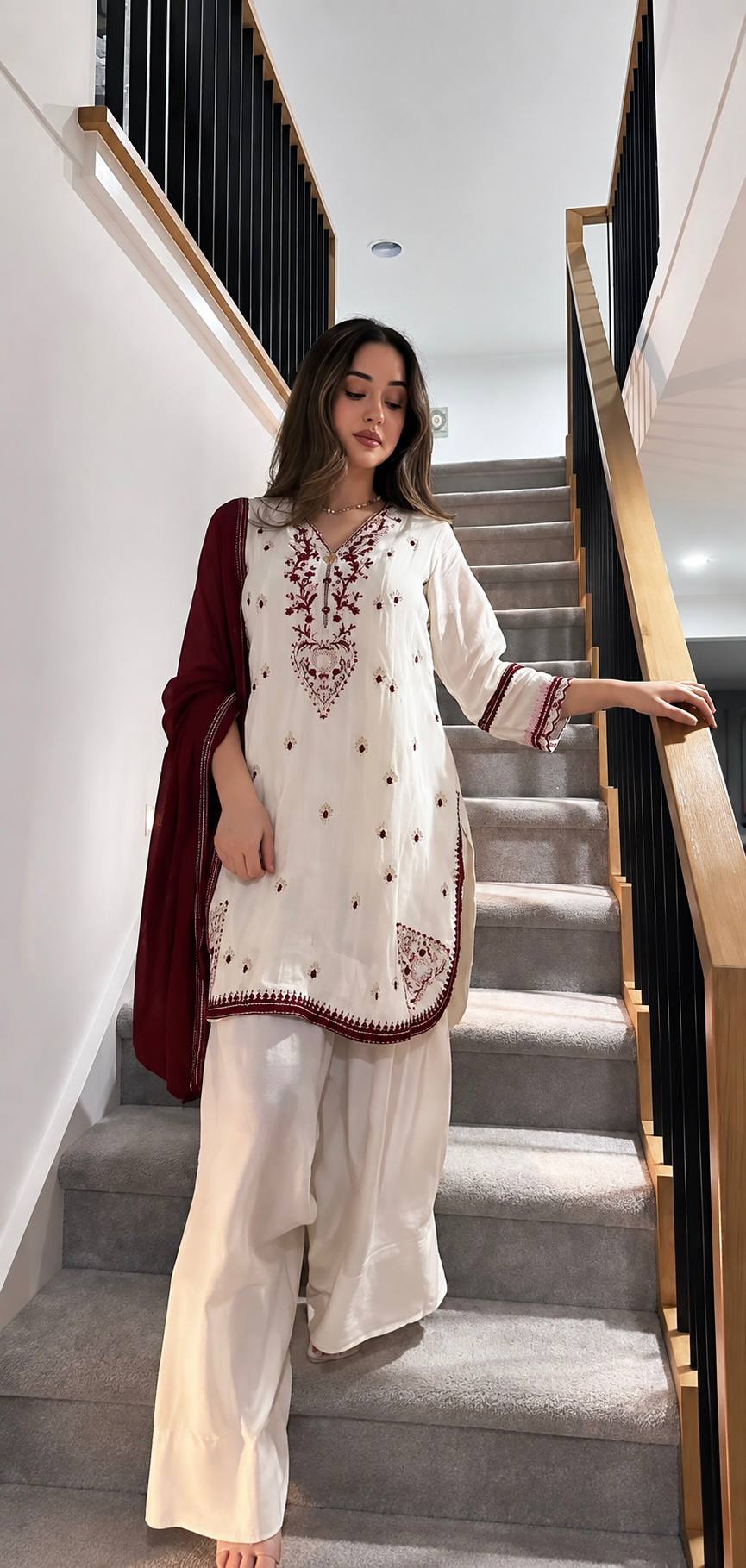 Off White Embroidered  Straight Kurta with Palazzo & Dupatta Set