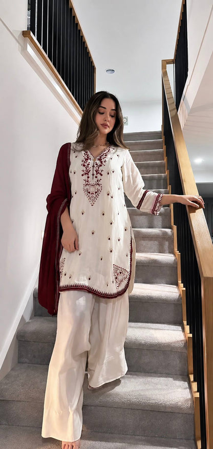 Off White Embroidered  Straight Kurta with Palazzo & Dupatta Set