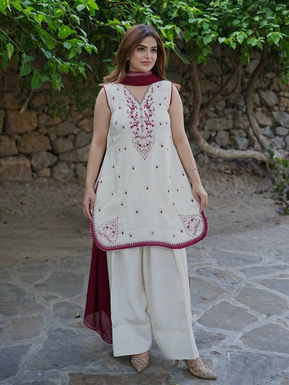 Off White Embroidered  Straight Kurta with Palazzo & Dupatta Set