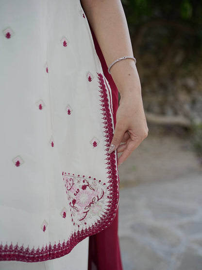 Off White Embroidered  Straight Kurta with Palazzo & Dupatta Set