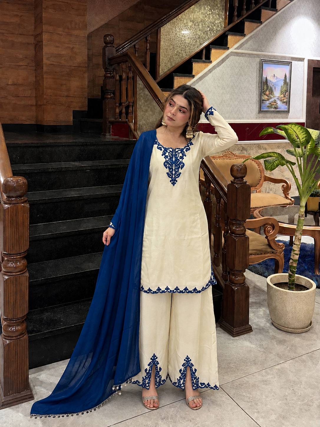 Ivory Blue Embroidered Straight Kurta Palazzo Set