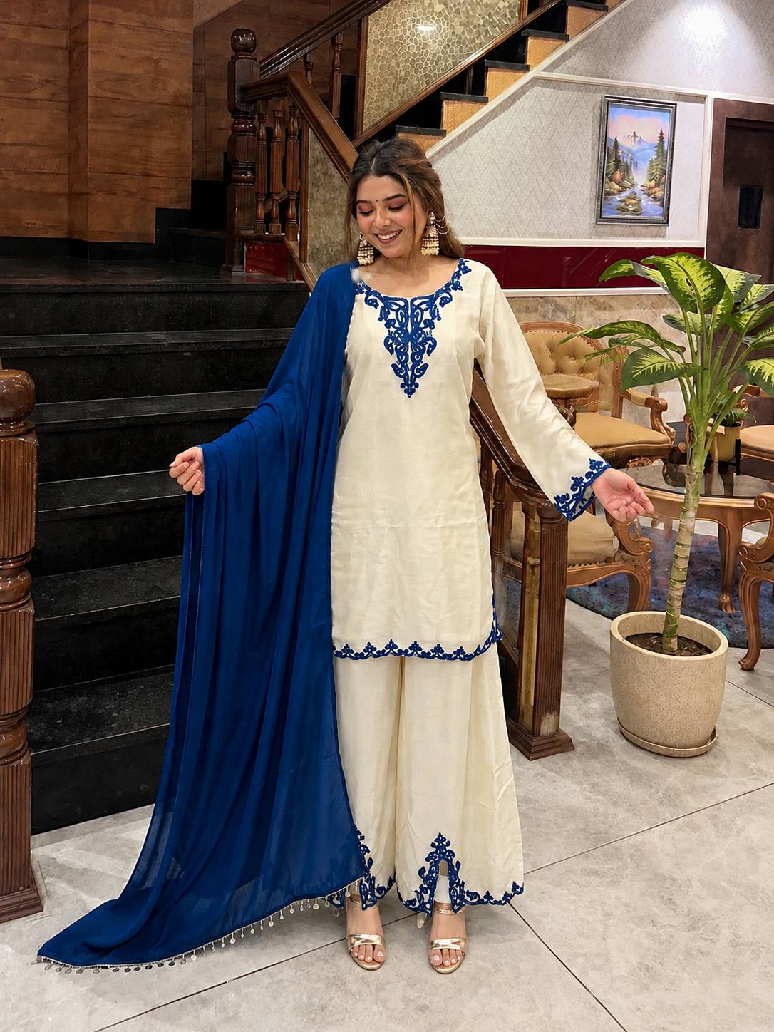 Ivory Blue Embroidered Straight Kurta Palazzo Set