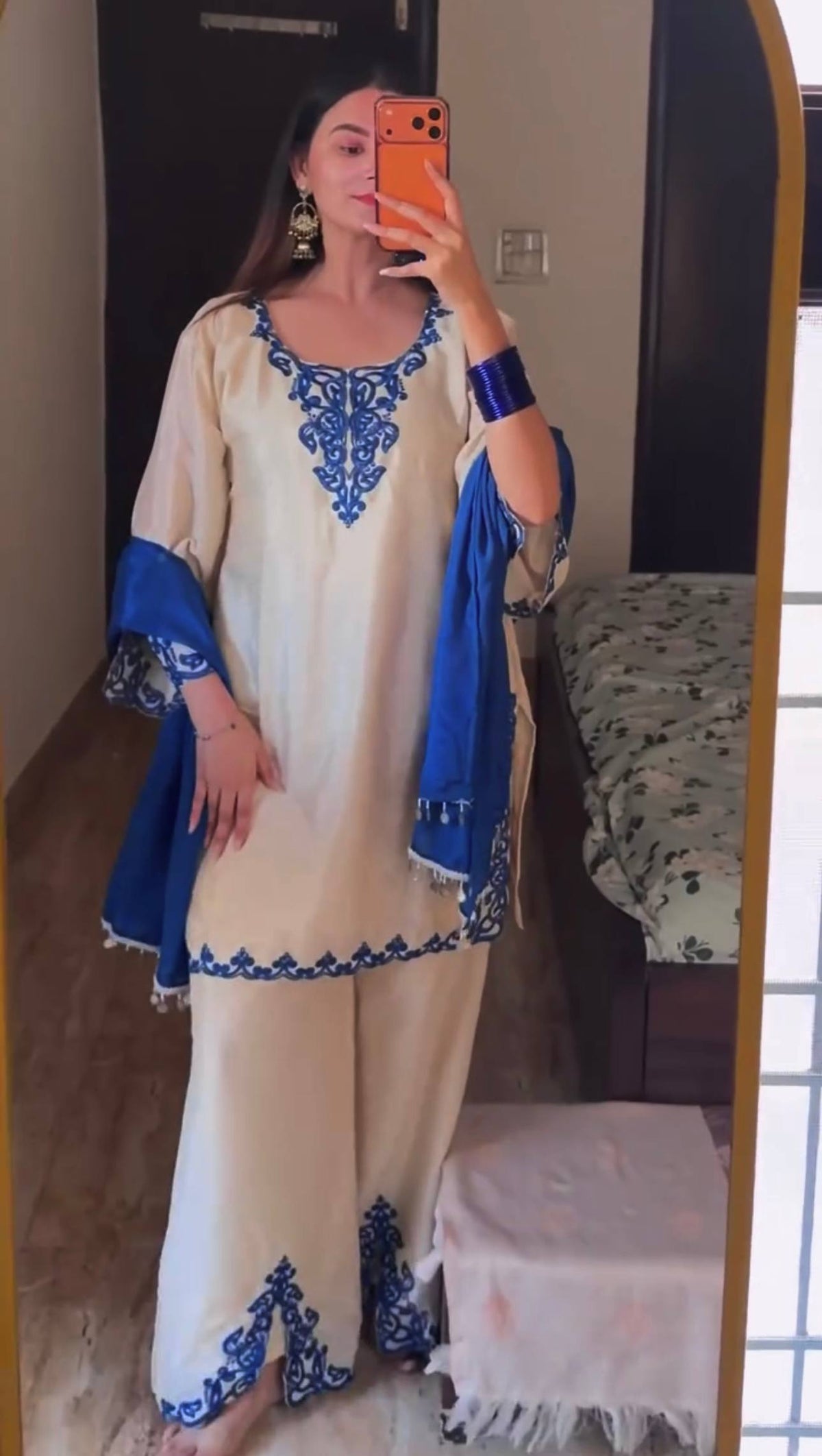 Ivory Blue Embroidered Straight Kurta Palazzo Set