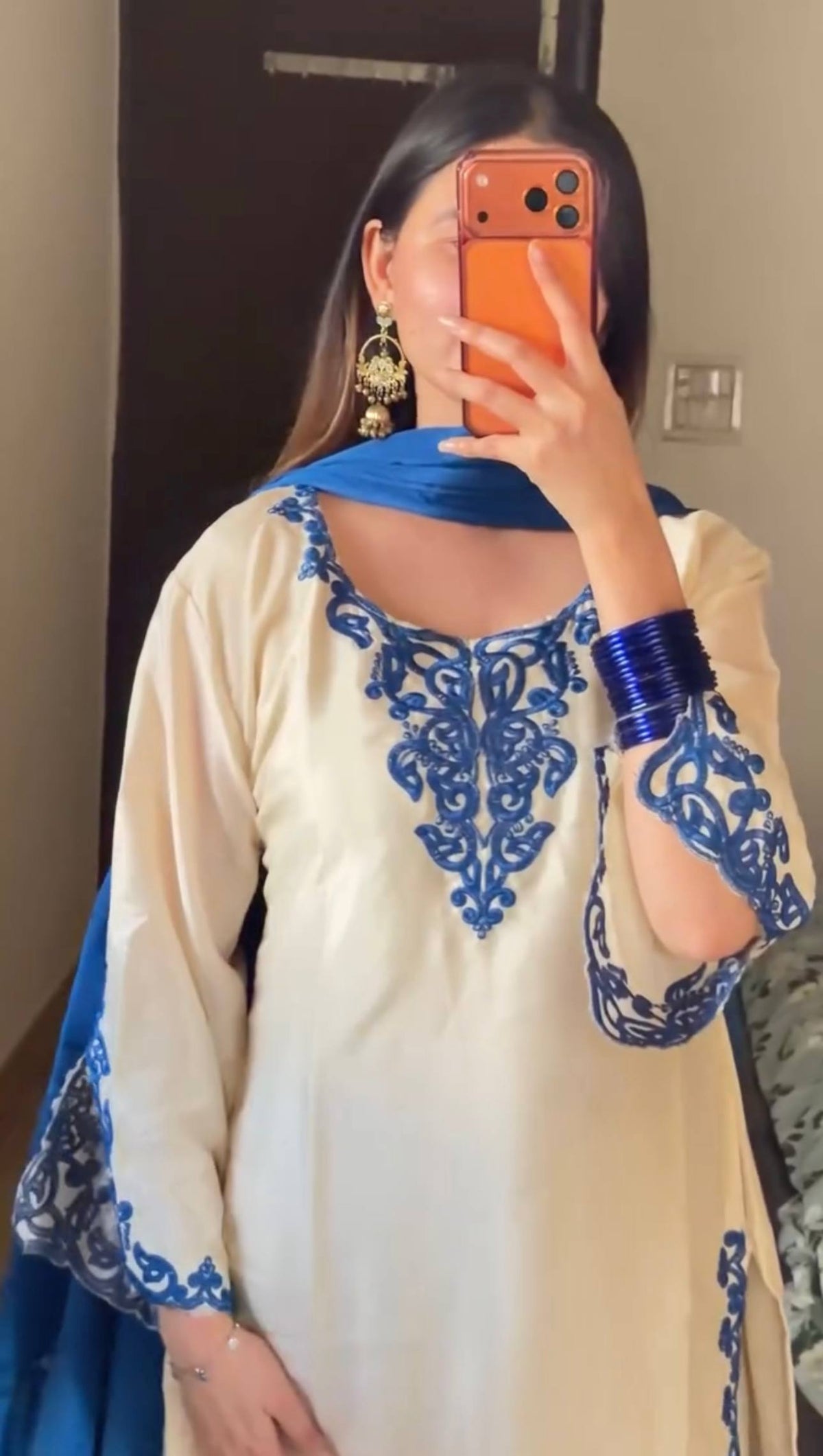 Ivory Blue Embroidered Straight Kurta Palazzo Set