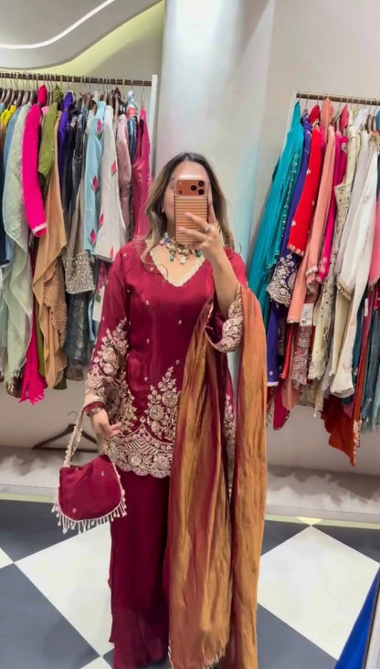 Maroon Embroidered Straight-Cut Suit with Contrast Mustard Dupatta & Straight Pants Ethnic Suit