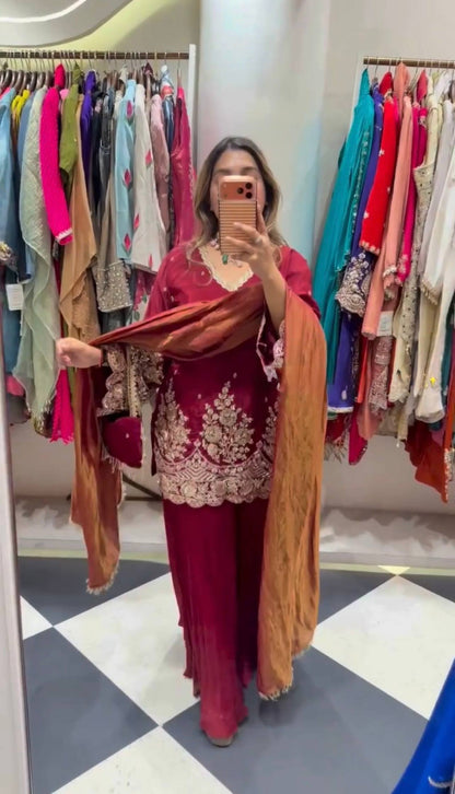 Maroon Embroidered Straight-Cut Suit with Contrast Mustard Dupatta & Straight Pants Ethnic Suit