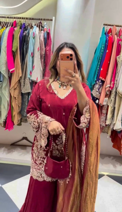 Maroon Embroidered Straight-Cut Suit with Contrast Mustard Dupatta & Straight Pants Ethnic Suit