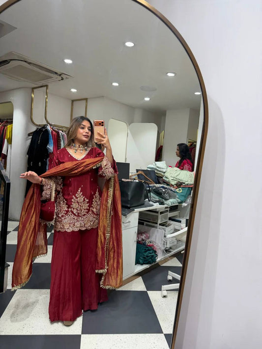Maroon Embroidered Straight-Cut Suit with Contrast Mustard Dupatta & Straight Pants Ethnic Suit