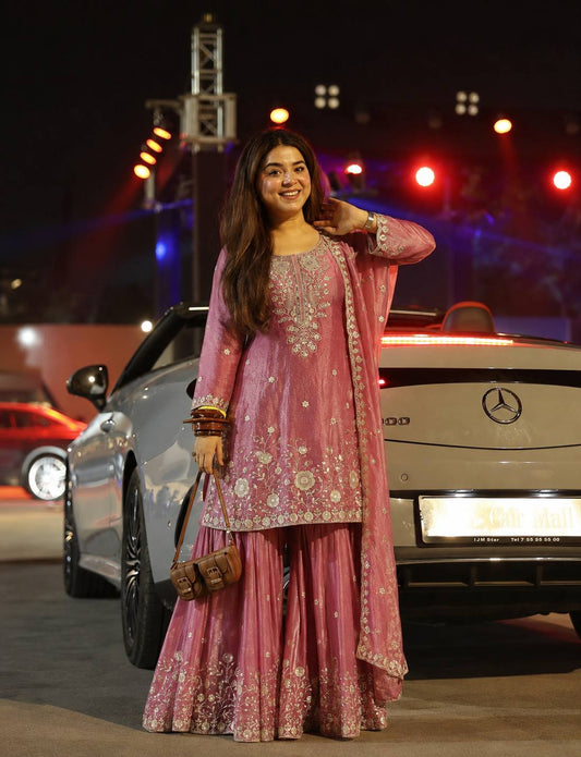 Dusty Rose Embroidered Rayon Kurta with Flared Plazzo & Matching Dupatta – Ethnic Plazzo Suit