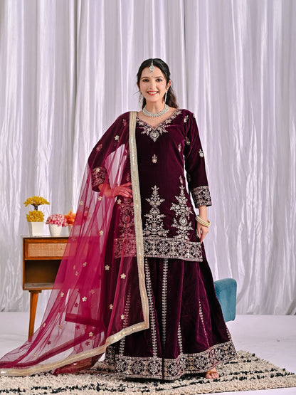 Luxury Maroon Velvet Sharara Set with Exquisite Embroidery