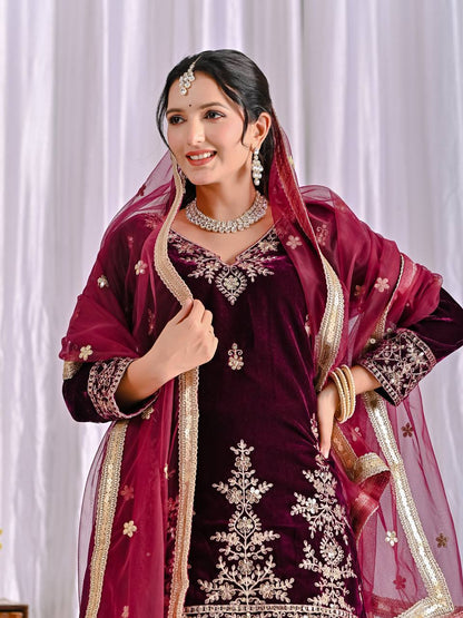 Luxury Maroon Velvet Sharara Set with Exquisite Embroidery