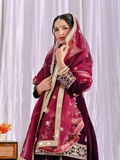 Luxury Maroon Velvet Sharara Set with Exquisite Embroidery